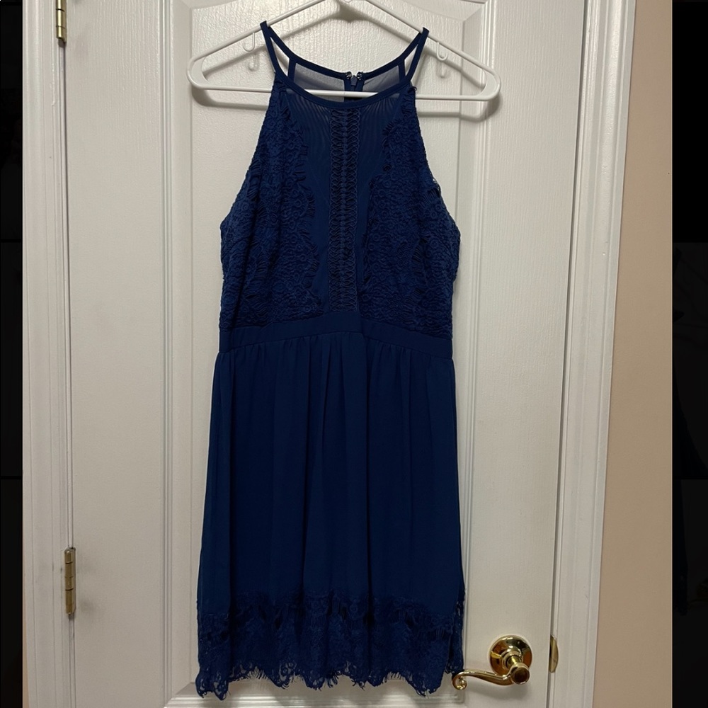 Navy Blue Halter Lace Dress